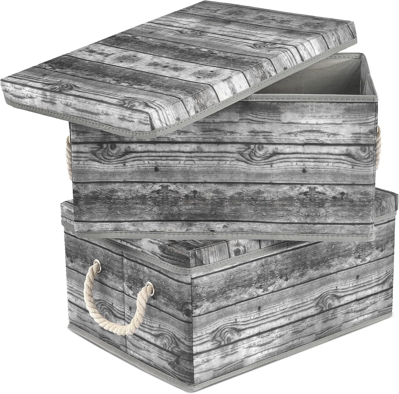Storage Box Set with Lid, Carry Handles, Foldable Frame, Rustic Wood Grain Print Bins, Great for Toys, Memorabilia, Closet, Office, Bedroom, 2-Pack